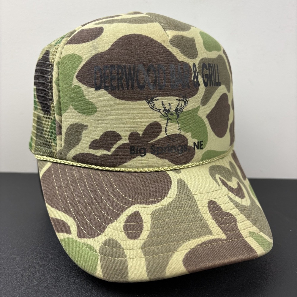 Vintage 80s Duck Camo Rope Trucker Hat Snapback Deerwood Bar Grill Nebraska Cap